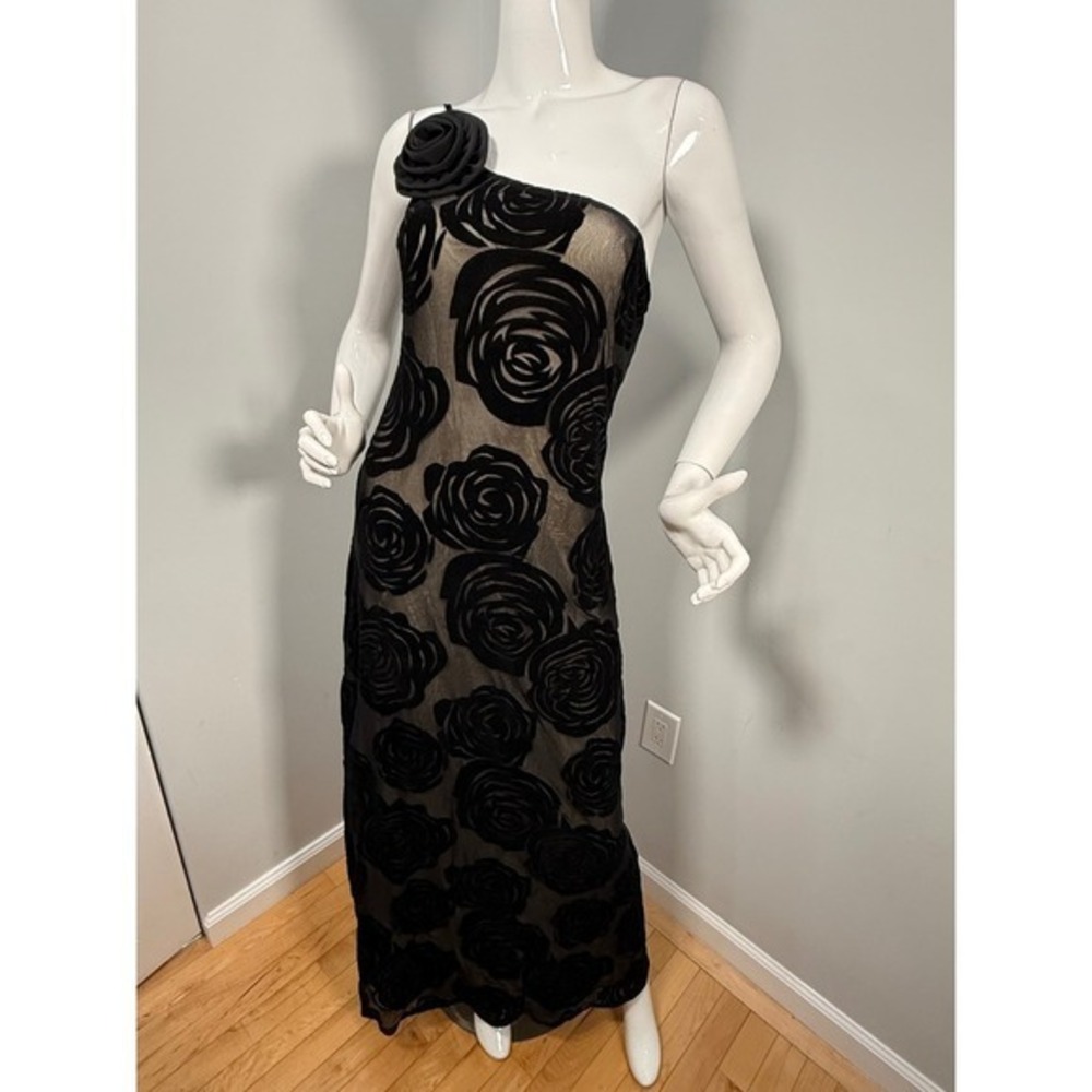 COMMENSE Jacquard Floral Asymmetrical Black Maxi Dress 3D Rose Evening Gown M - Picture 7 of 15